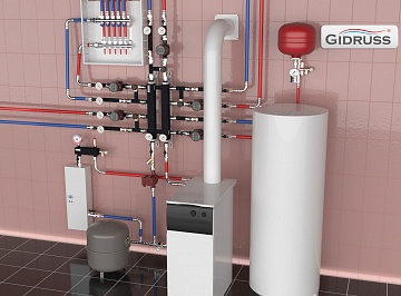 3D визуализация котельной в подвале или цоколе с напольным газовым котлом BAXI SLIM и резервным электрическим